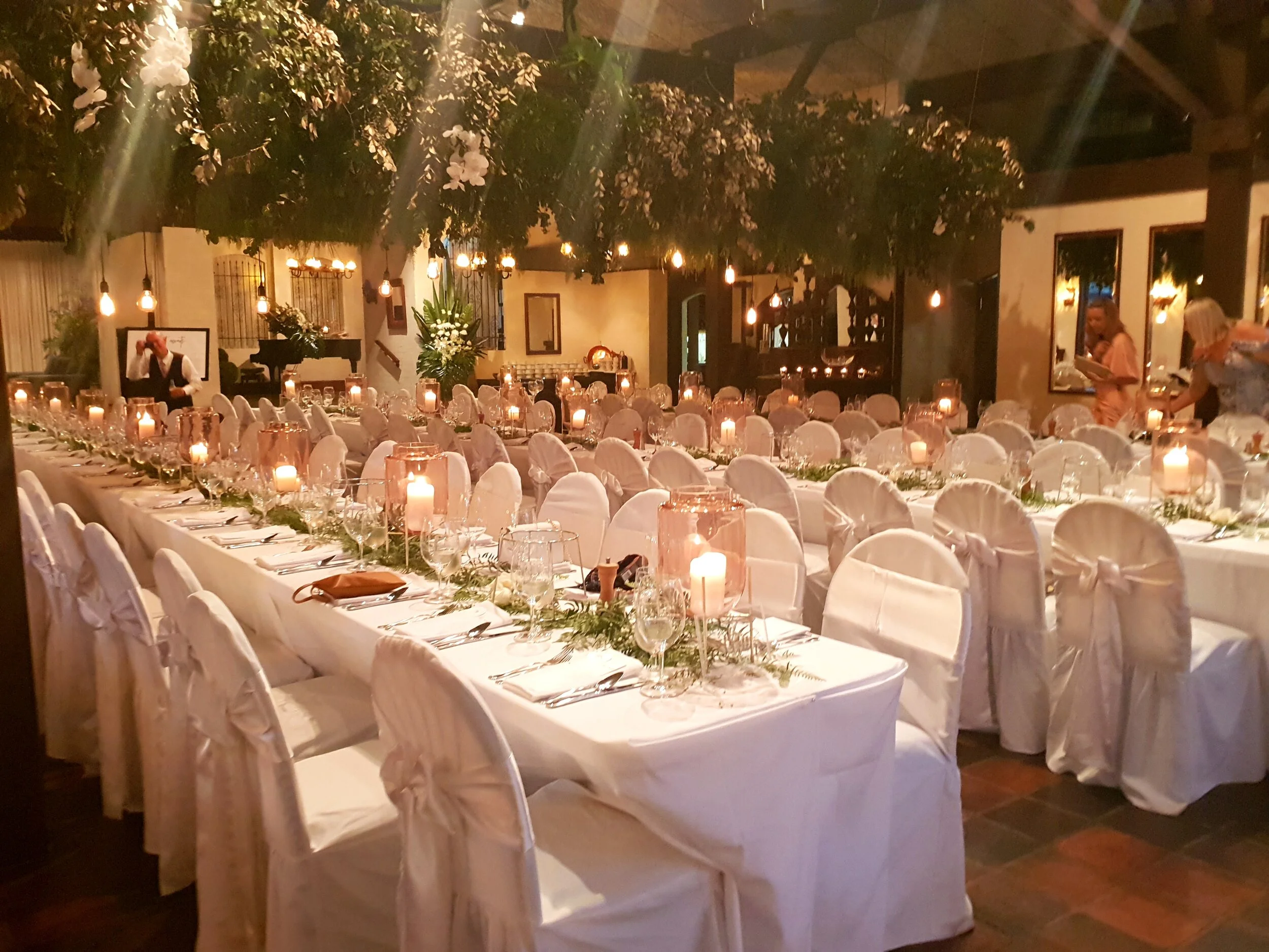 Long tables and hanging garden