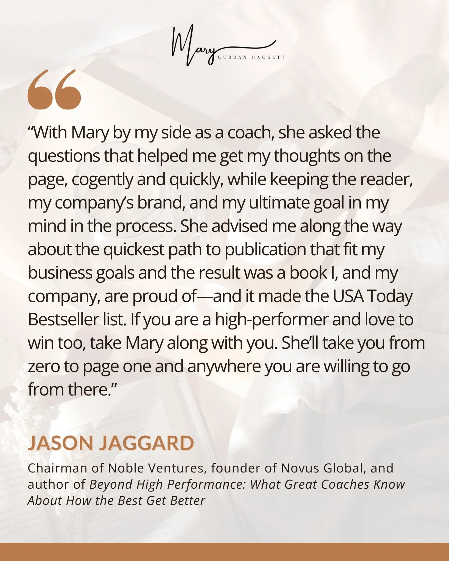 High performers don't leave their message up to chance &mdash; and neither do I. 
Witnessing Jason go from concept to USA Today Bestseller was a journey of clarity, strategy, and winning.

If you're ready to build a book that elevates your brand and 