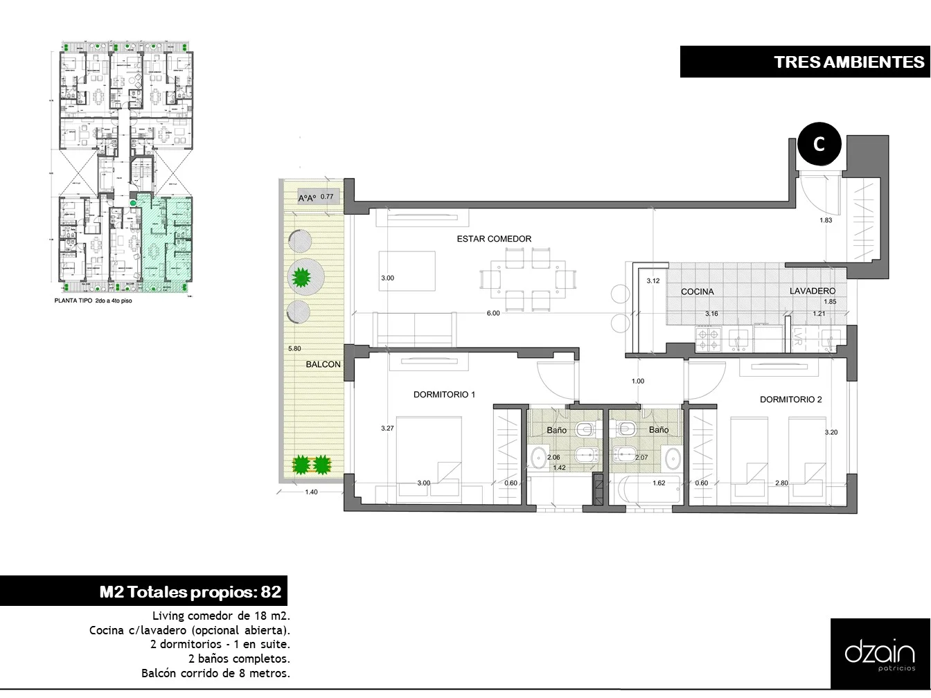 TRES AMBIENTES - 82 m2