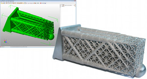 A complex engineering component for additive manufacturing which has been optimized using layout optimization. The screenshot shows the output of LimitState;FORM: an optimized vector model, not a voxel mesh, which can be examined and edited like any other model. It can also be exported to FEA packages in seconds. For very complex AM products such as this, layout optimization is much easier and faster. 