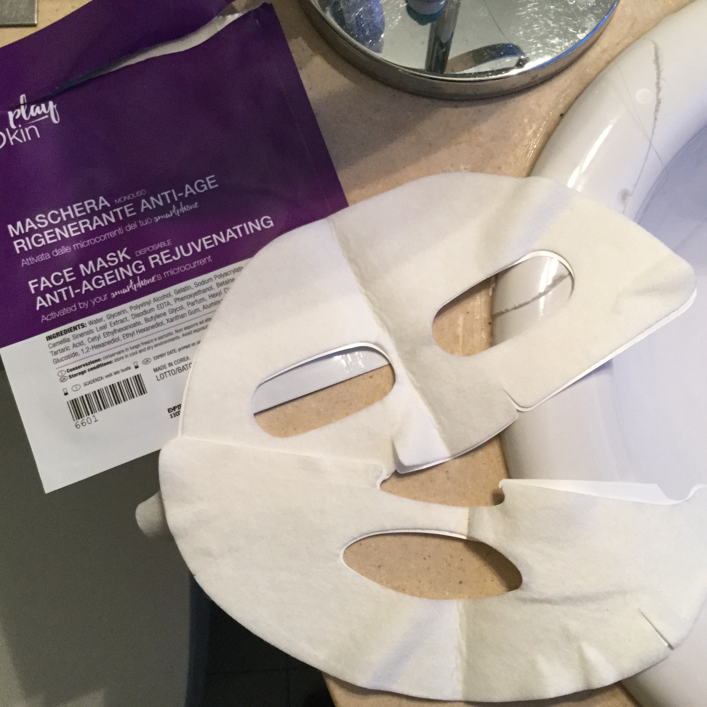 The two-part smartphone-controlled face mask comes in a sachet and has a peel-off backing