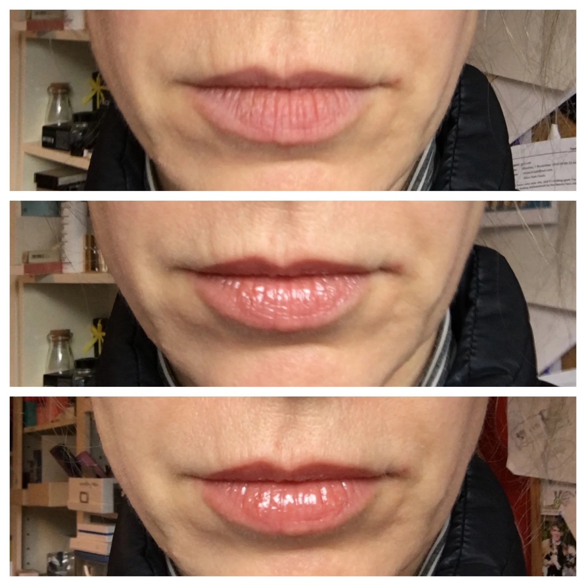 Just gloss, or actual volume? Before; after two minutes; after five minutes and more gloss
