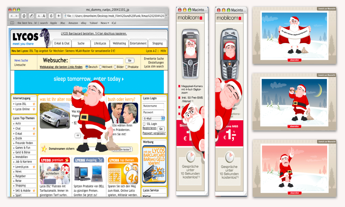 Links: Animierte Bas Santas stören Webseitenleser: Besoffen grölen sie durchs Bild. Rechts: Animierte E-Card-X-Mas Karten zum Verschicken.