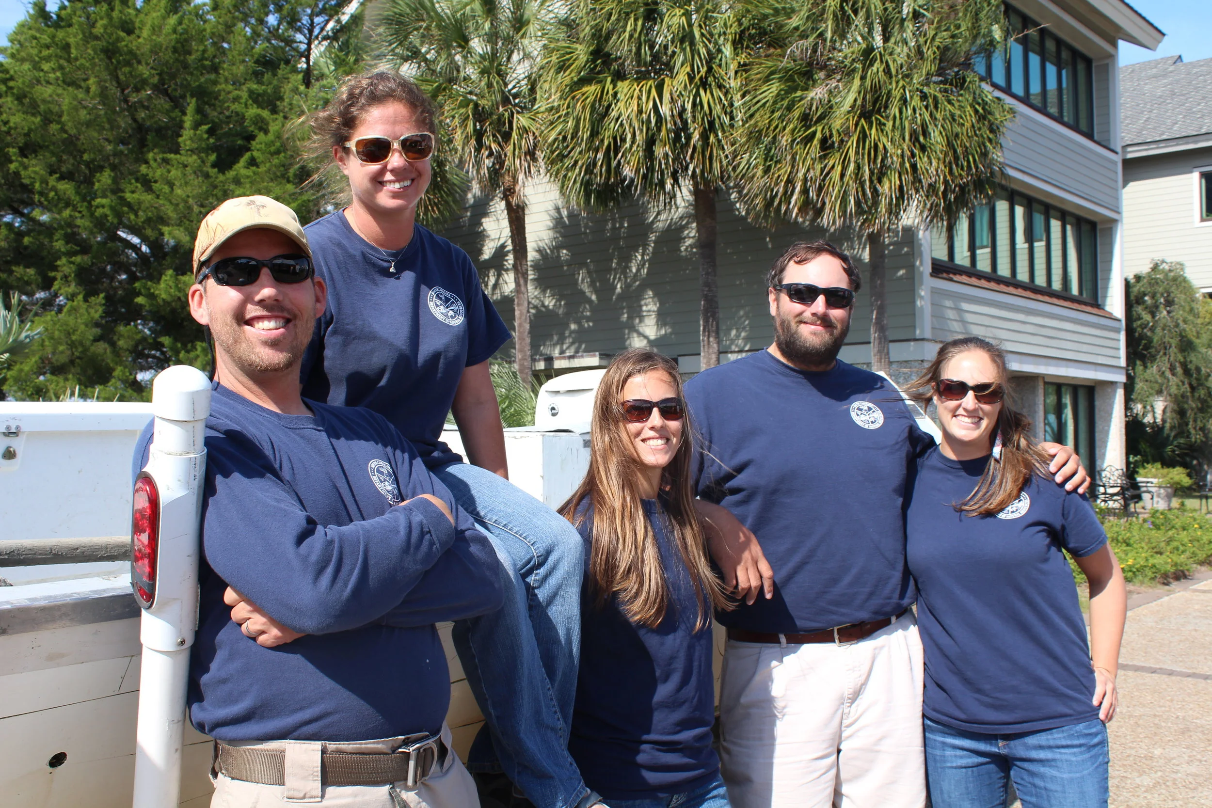 Current and former members of the inshore fisheries lab with one of their trammel net boats: (L-R) Henry Davega, Michelle Taliercio, Liz Vinyard, Jonathan Tucker, and Ashley Shaw. (Photo: E. Weeks/SCDNR)