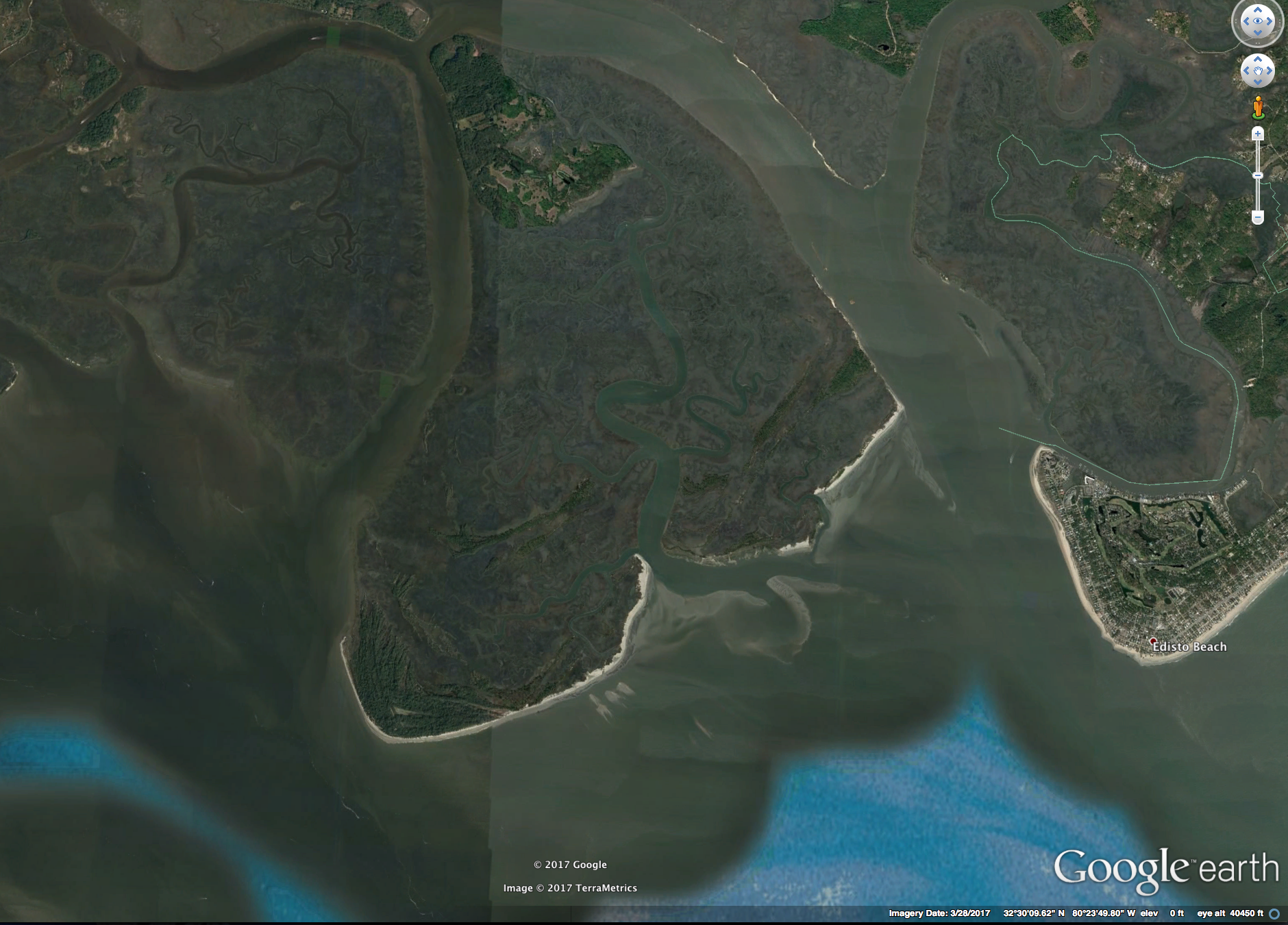 Otter Island (center left) sits adjacent to Edisto Beach (right) where the Ashepoo and South Edisto Rivers empty into St. Helena Sound.
