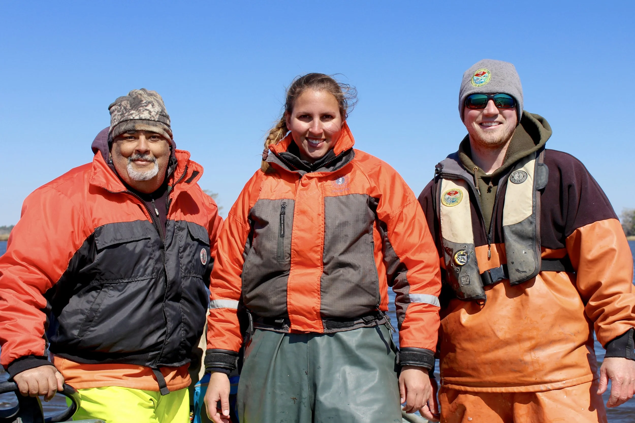 SCDNR's Allan Hazel, Kayla Rudnay, and Andrew Watson after a freezing day on the Waccamaw River (Photo: E. Weeks/SCDNR)
