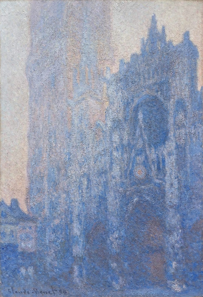 (L) Monet, Rouen Cathedral Façade and Tour d'Albane (Morning Effect) (1894) Oil on canvas. 41 3/4 in. (106.1 cm) x 29 1/8 in. (73.9 cm). Located at the Museum of Fine Arts, Boston .