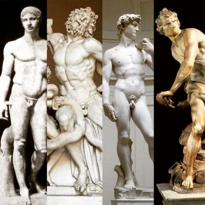 L-R: "Spear Bearer" (c.450-440 BCE); "Laocoon and his Sons" (c. 1st c. CE); Michelangelo's "David" (1501-4); Bernini's "David" (1623-24)