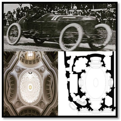 Ovalpalooza! Oval wheels in motion, and therefore an easy visual shorthand for dynamism. In the meantime, the dimensions of the floor and ceiling of San Carlo really ARE the same, Serra, really!
