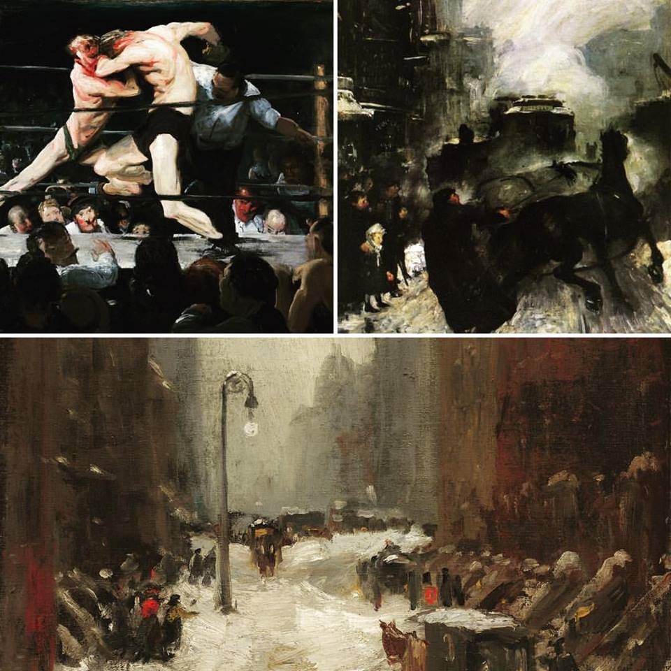 The Ashcan School. Clockwise: George Bellows, "Stag at Sharkey's" (1909), "Steaming Streets" (1908), and Robert Henri, "Snow in New York" (1902).