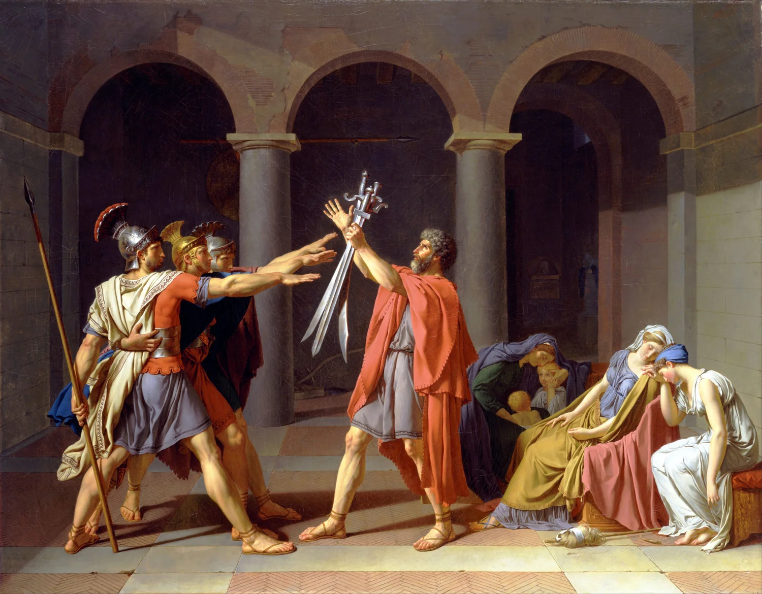 Jacques-Louis David, "Oath of the Horatii" (1784). Oil on canvas. 10.8 ft. (3.30 m) x 13.9 ft. (4.25 m). Located at the Louvre .