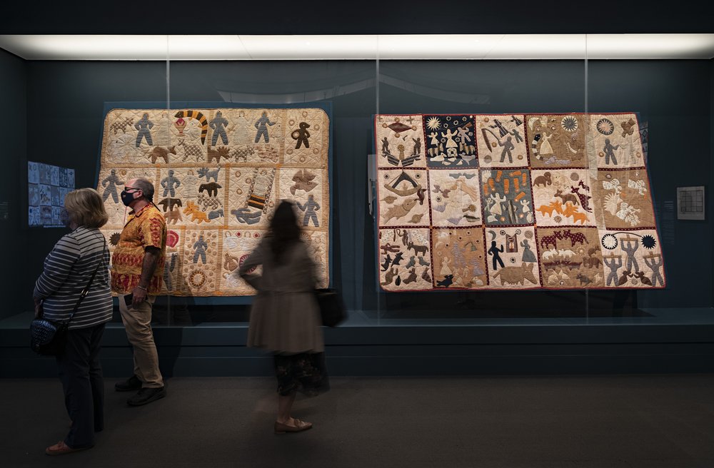 Powers' "Bible Quilt" and "Pictorial Quilt" reunited and on display at the MFA, Boston.