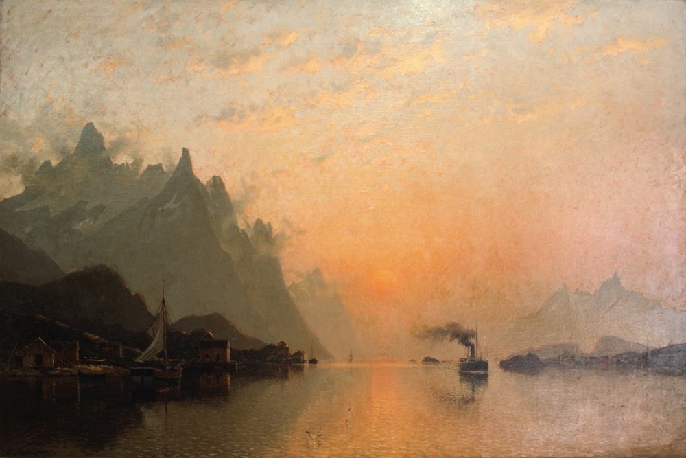 Adelsteen Normann, "Steamboat on the Fjord in the Midnight Sun" (19th century)