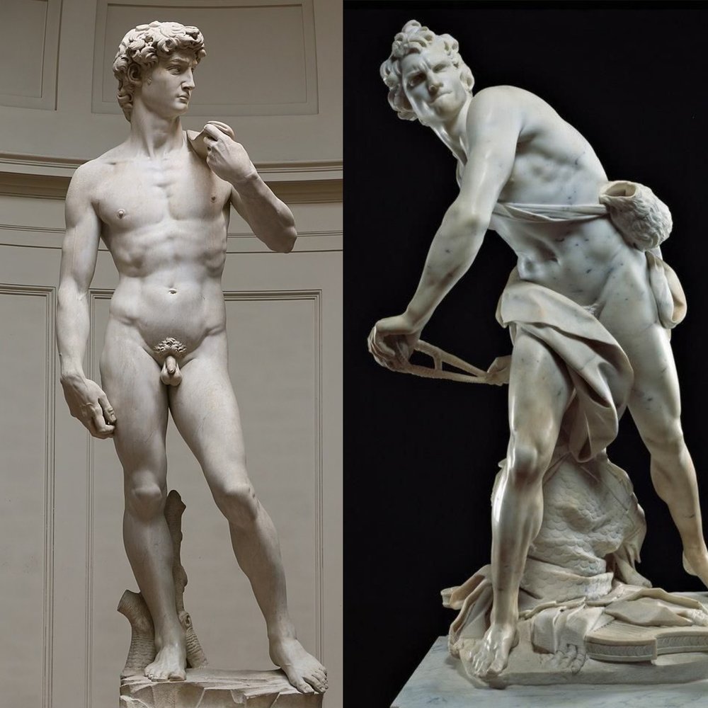 Michelangelo, "David" (1504) and Bernini, "David" (1624)