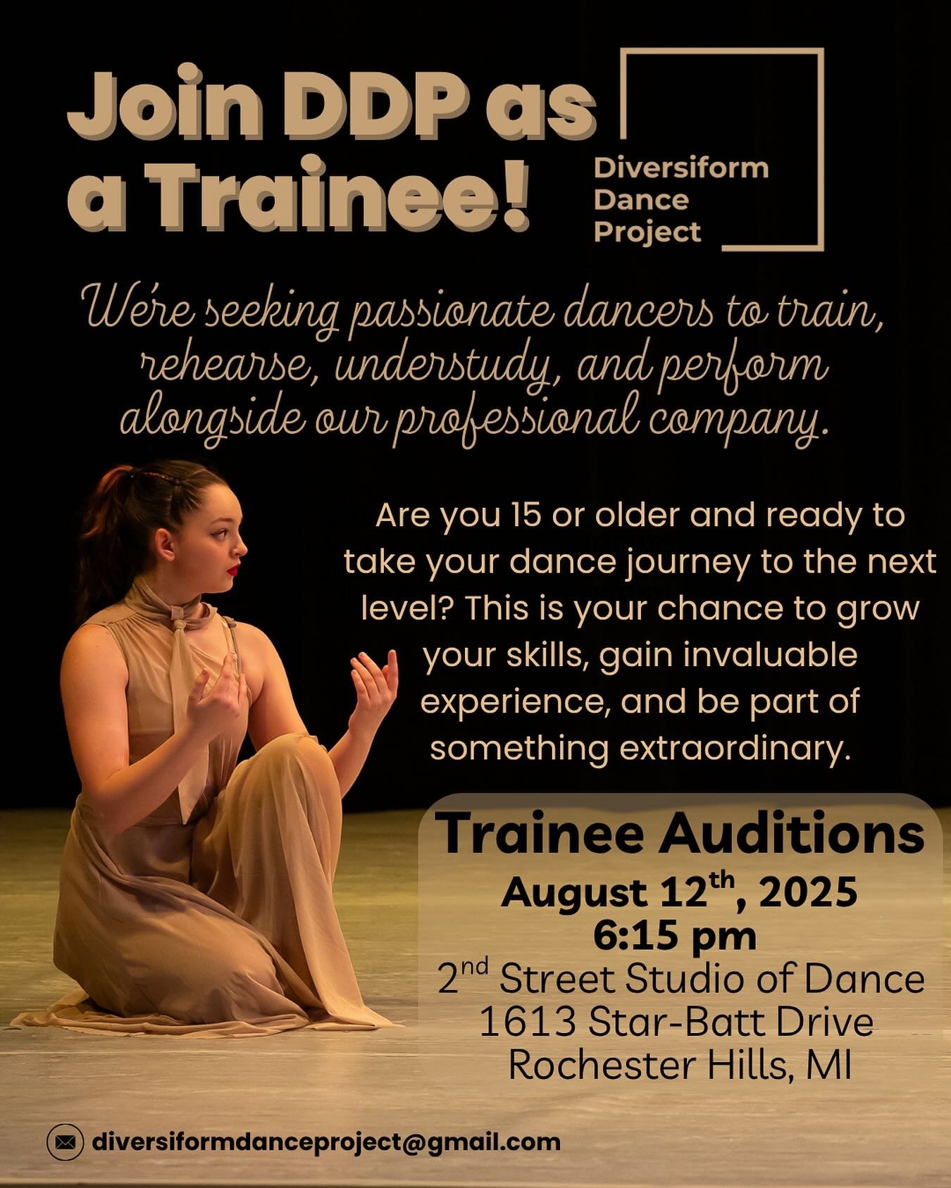 For dancers ages 15 and up looking for professional experience and to add to your resume, audition to be a trainee for Diversiform Dance Project on Tuesday, August 12th! 

@diversiform_dance_project #trainee #dancecompany #danceauditions #traineeaudi