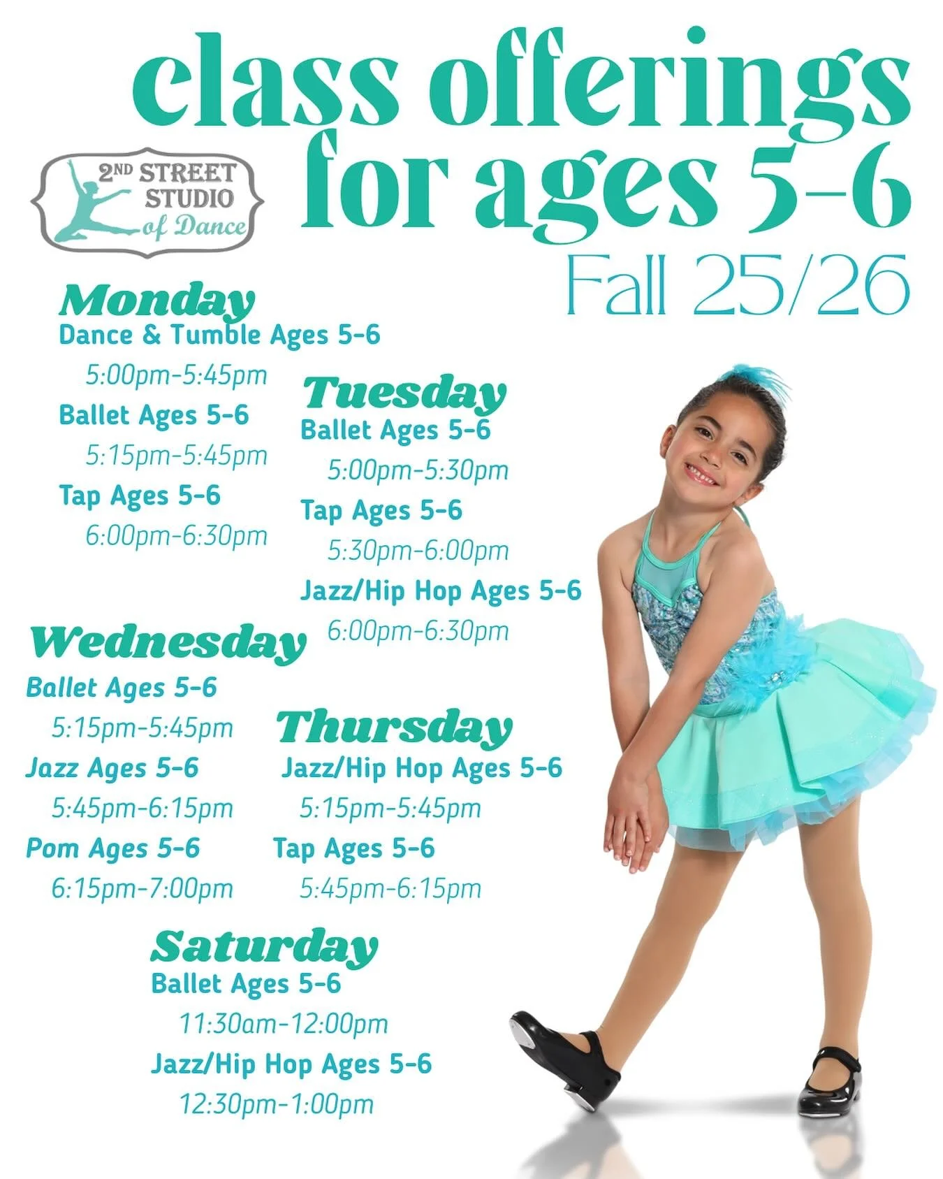 It is not too late to enroll in our fall season classes! Check out all of the available options for dancers ages 5-6! Free trial classes are available to find out which style of dance is your perfect fit! #2ndstreetdance #littledancers #falldanceclas