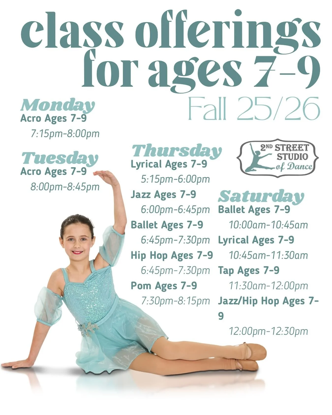 Check out all of our classes for ages 7-9 still available! We also have Level 2 classes for those with prior experience on Tuesdays! Contact us for more information! 
2ndstreetdance@gmail.com
#2ndstreetdance #danceclasses #danceforallages #falldance 