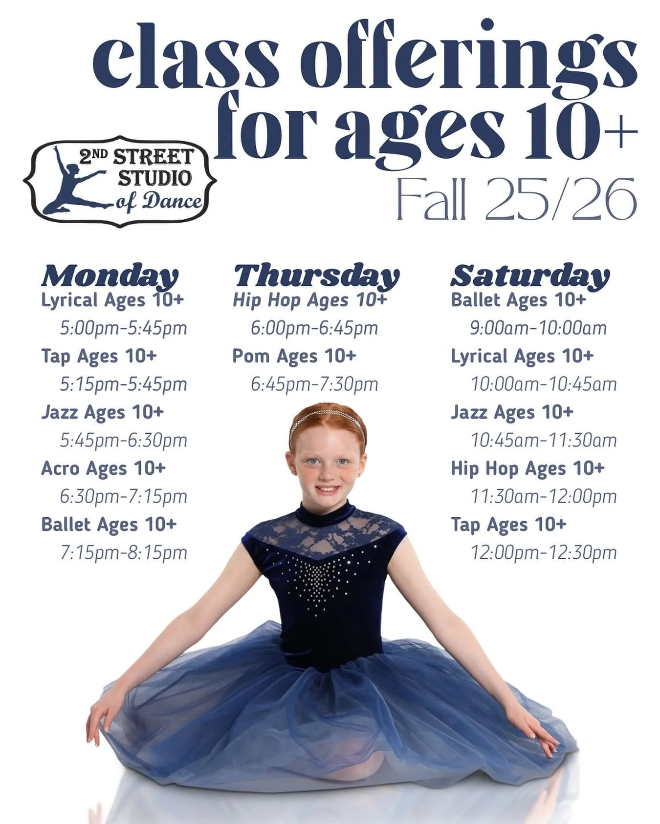 It is not too late to start in on our dance season! Check out classes available for ages 10 and up. We also have leveled classes for those with experience looking for a challenge. See our full schedule here: https://www.2ndstreetdance.com/falldance

