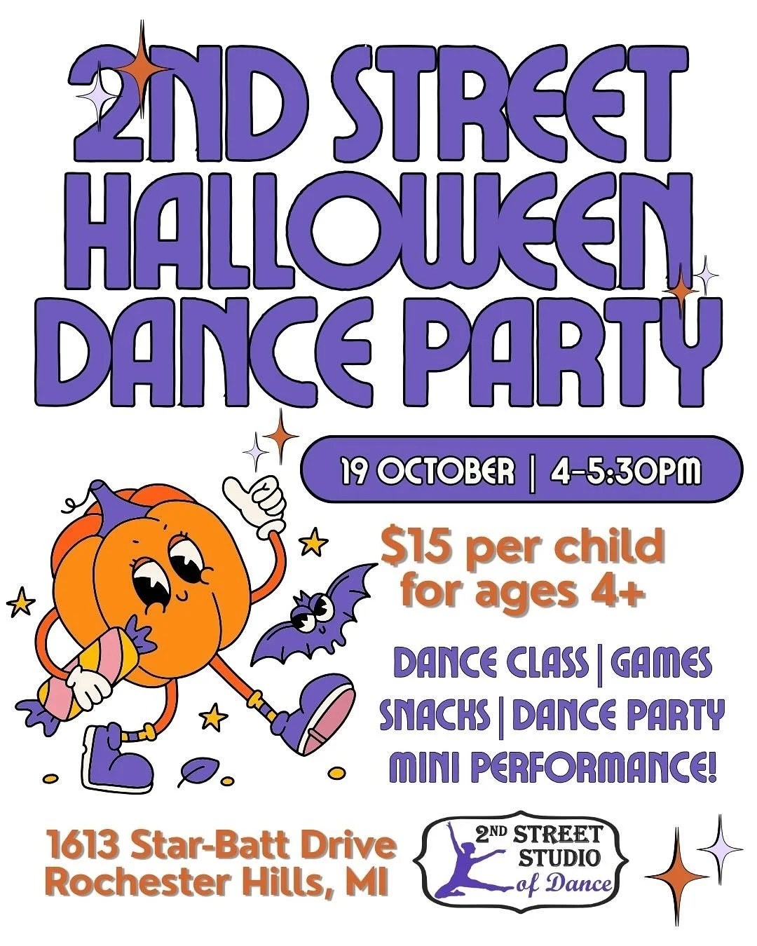 Busy day at the studio today! First parade practice and our studio Halloween Party! Walk ins welcome! Parade practice is 3-3:45 and Halloween Party is 4-5:30pm. π
#2ndstreetdance #halloweenparty #halloweendanceparty #halloweendance #parade #christm