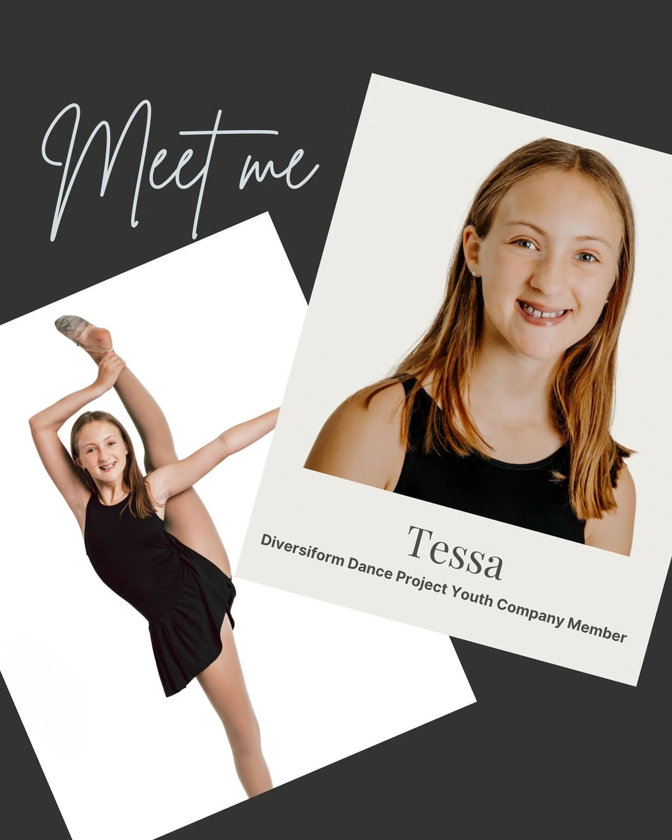 Meet the members of Diversiform Dance Project Youth Company for the 25-26 season! 

Meet Tessa!

Her favorite style of dance is hip hop🤸🏻&zwj;♀️
Her favorite snack is popcorn🍿
Her most prized possession is her Eras tour poster🎟️
And her favorite 