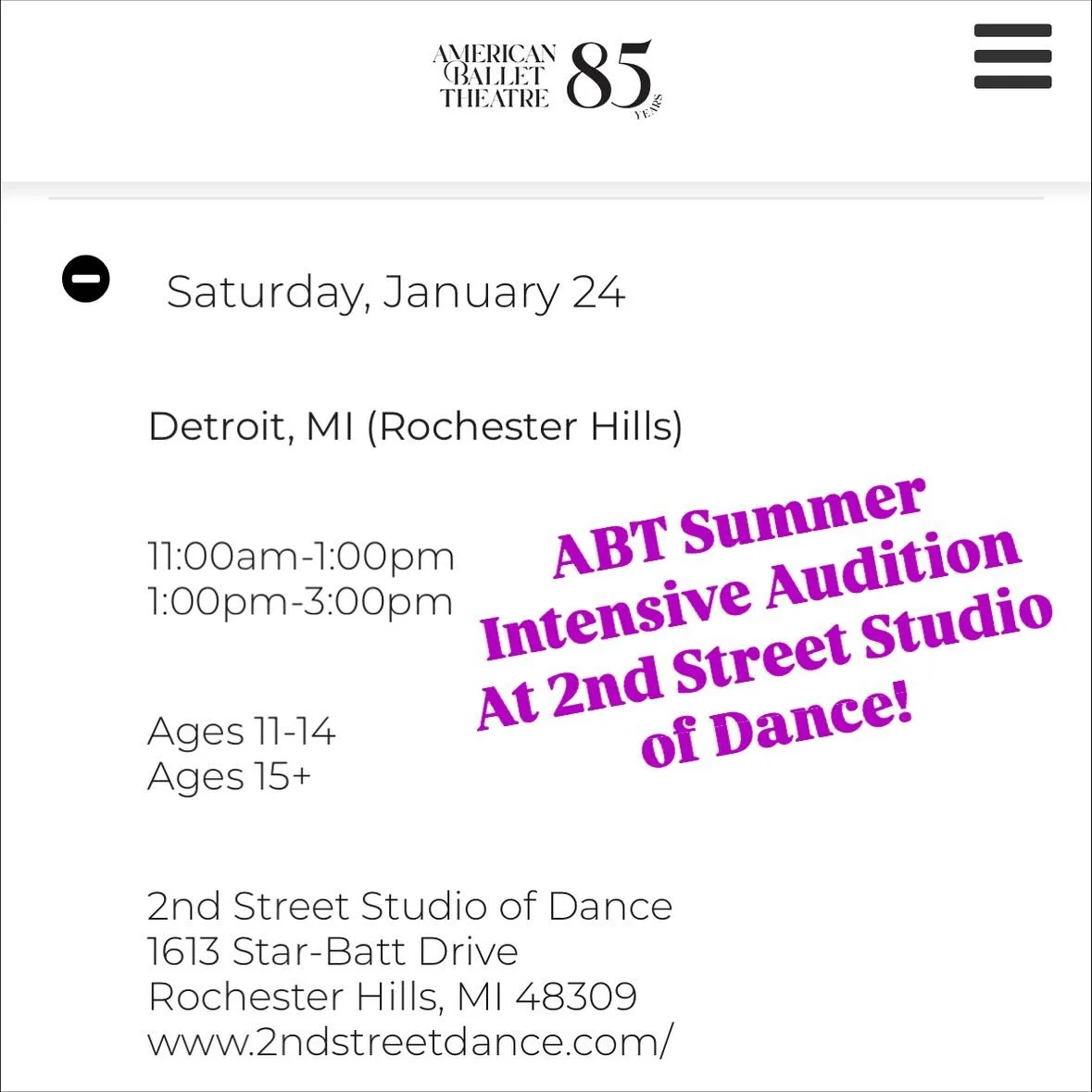 We are honored to be hosting @abtschool summer intensive auditions on January 24th! Amazing opportunity for all local ballet students! 🩰

#2ndstreetdance #summerintensive #summerballetintensive #abt #auditions #summerintensiveauditions #balletauditi