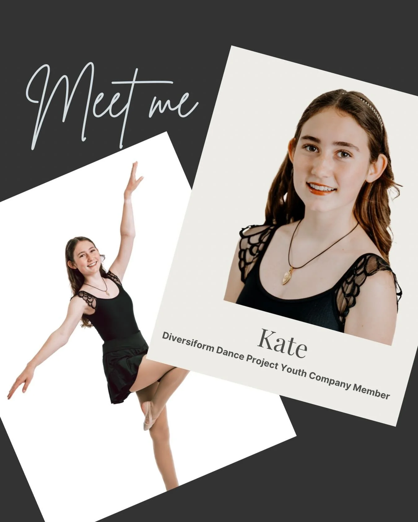 Meet the members of Diversiform Dance Project Youth Company for the 25-26 season! 

Meet Kate!

Her favorite styles of dance are rap and musical theater🎭
Her most prized possession is her blanket🛏️
And her favorite colors is baby pinl🎀

@diversifo