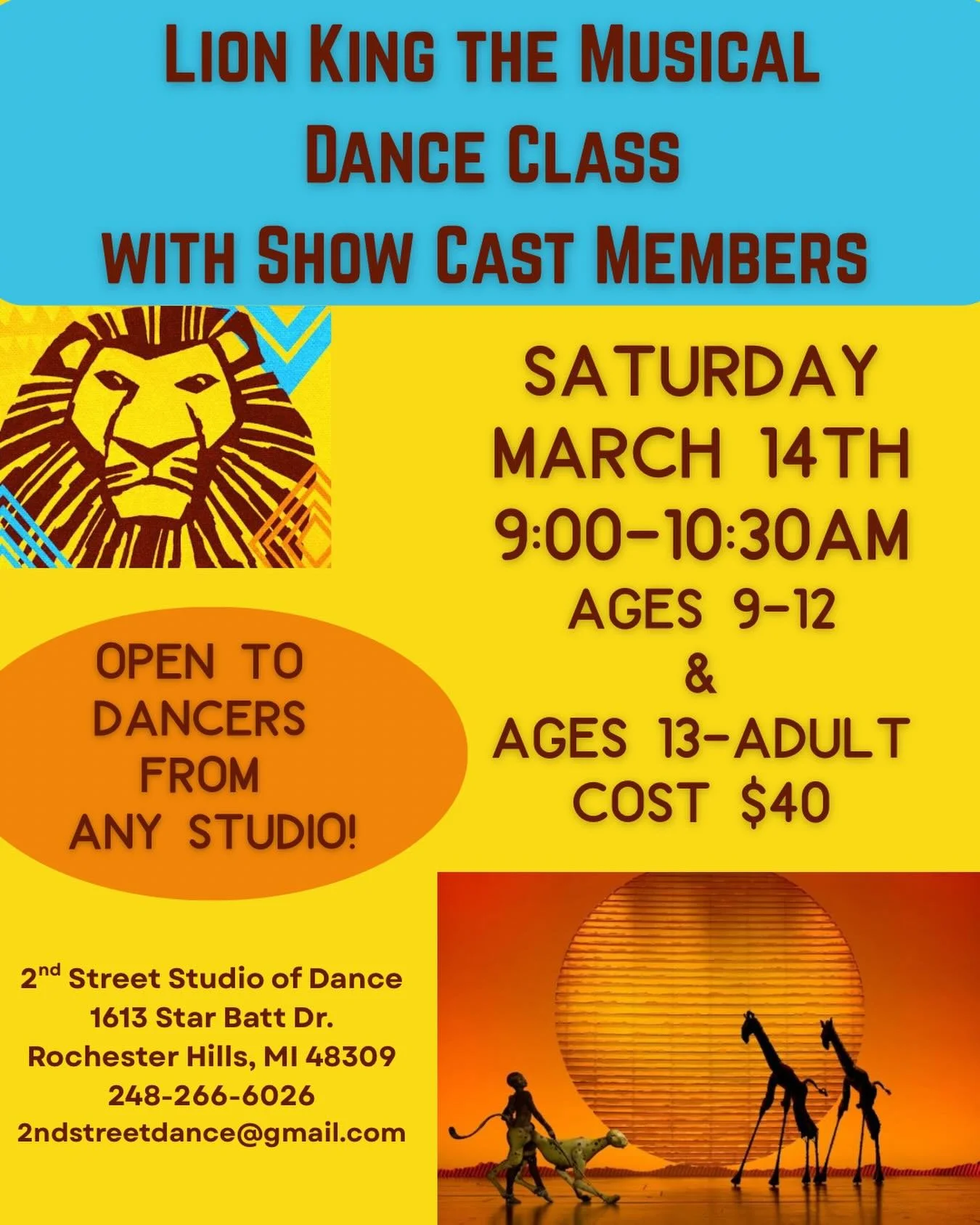 Exciting Lion King Master Classes and Group Ticket Opportunity!☀️🦁🐒🦒🦓

Dance Class with Lion King Cast Member
Saturday, March 14th
9:00-10:30am
at 2nd Street Studio of Dance
One Class for Ages 9-12 &amp; One Class for Ages 13-adult
Cost $40

Thes