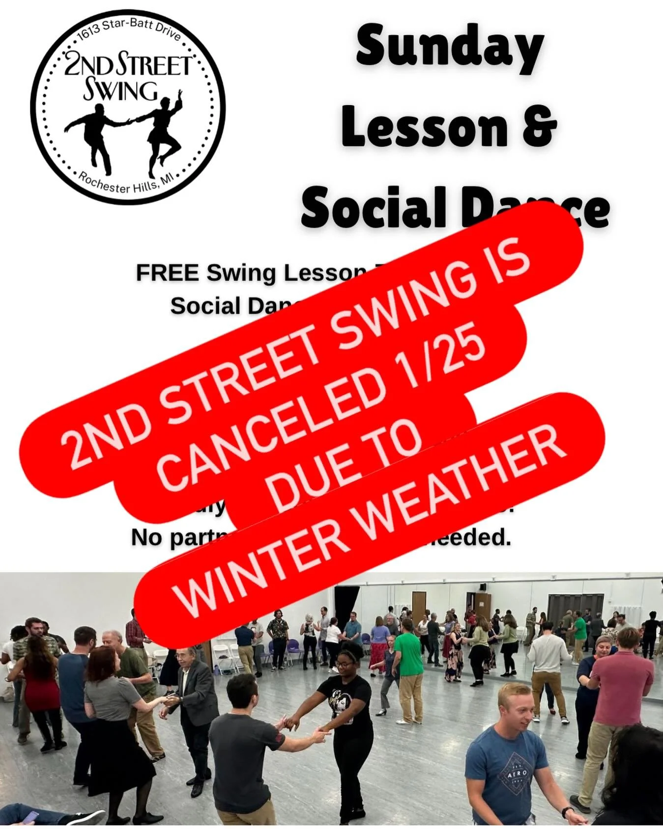 2nd Street Swing will be canceled on Sunday 1/25 due to the winter weather. Stay safe everyone! See you next week! @2ndstreetswing