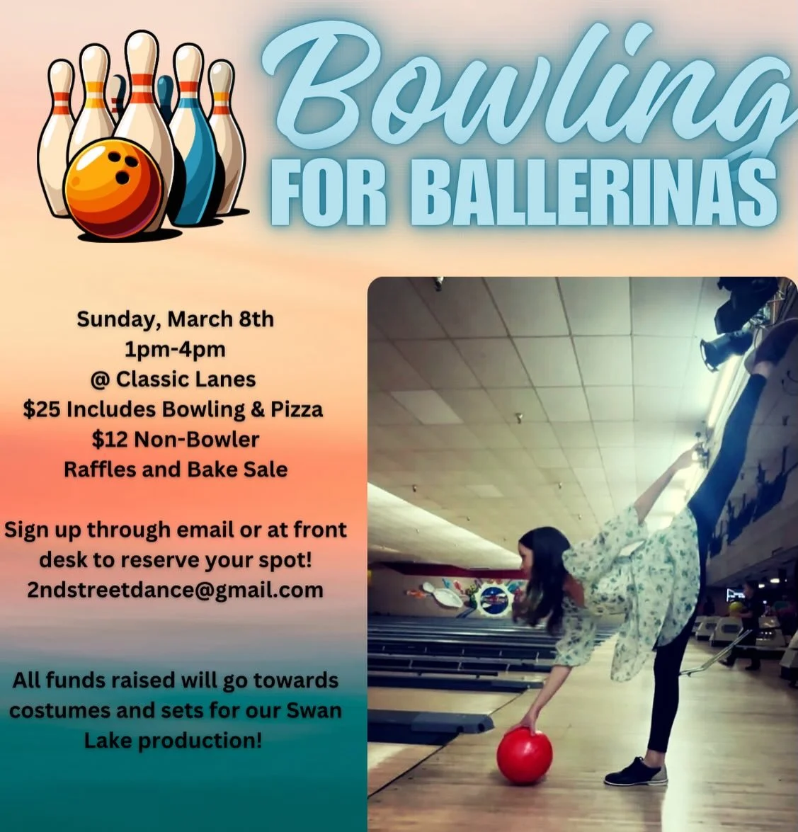 Our annual Bowling for Ballerinas fundraiser is Sunday, March 8th from 1-4pm! 🩰🎳Fill out the below form to sign up! All proceeds go towards our Swan Lake production. 

Sign up here: https://docs.google.com/forms/d/e/1FAIpQLSd8B9E-OnmEz07JncJhHla5Zl