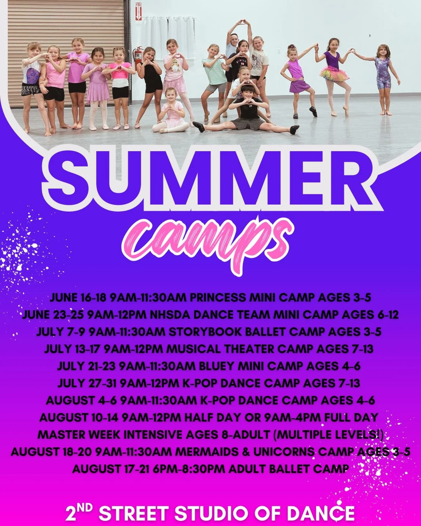 Our Summer Camp schedule has been announced! So many fun options for all ages! ☀️📆Mark your calendars! Registration available through your customer portal for current dancers. New dancers sign up at: https://app.jackrabbitclass.com/regv2.asp?id=5151