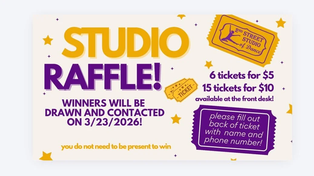 Win a prize in our Studio Raffle! Tickets are available at the front desk! Prizes include gift cards, a @tutusandtendusrochester gift certificate, free Summer Mini Session class, $100 off tuition coupon, and more! All proceeds go towards our Swan Lak