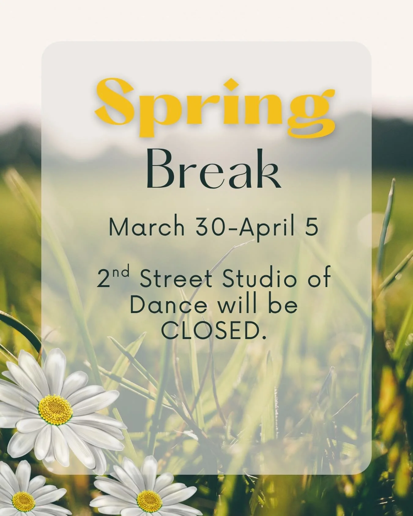 Reminder that we will be closed for spring break March 30-April 5. We hope everyone enjoys some time off! 🌷🌼🌞🌱