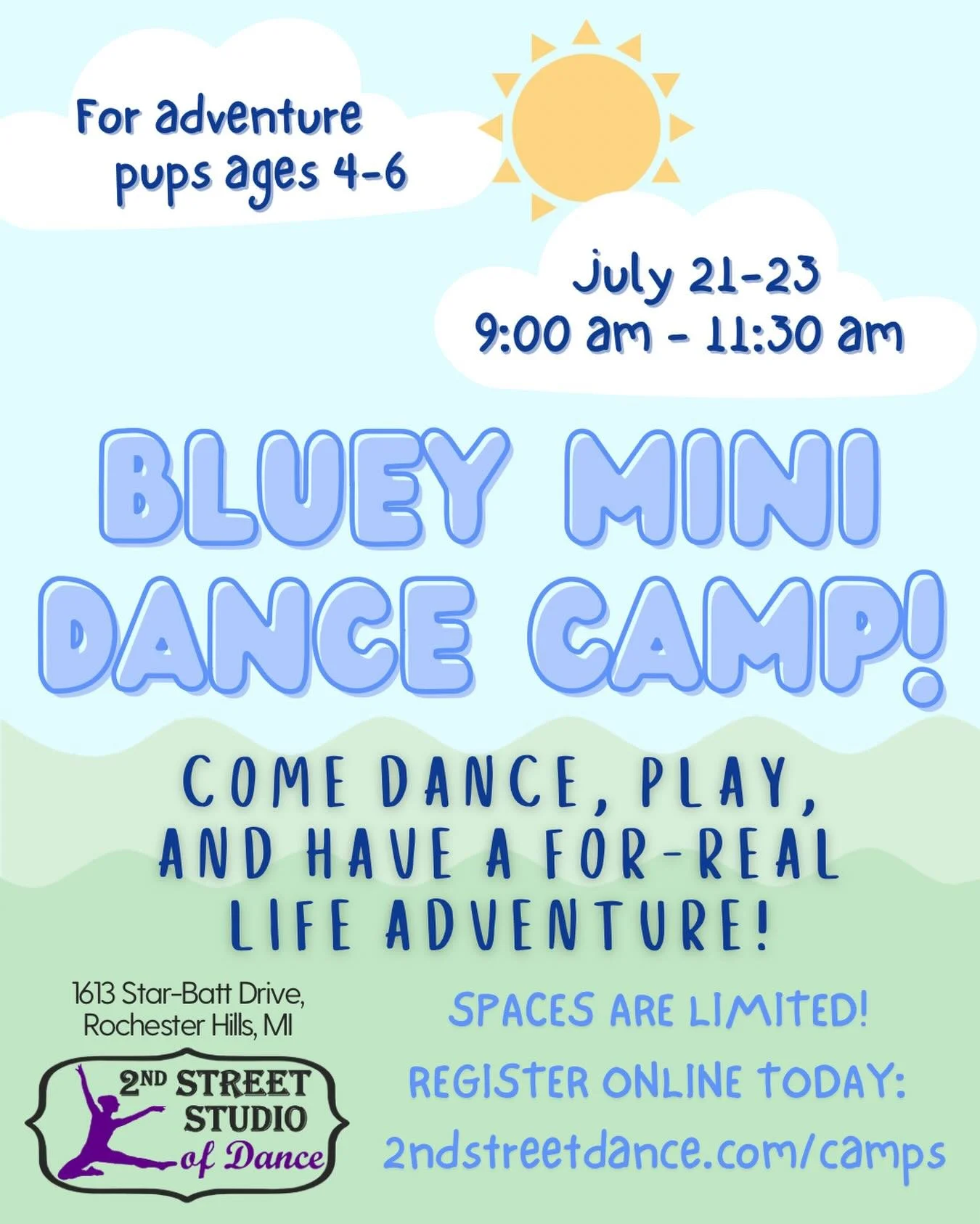 Have you signed up for summer camps yet? 🌞💙So many fun theme options like Bluey! Save your spot now! Full list of camps and registration available here: https://www.2ndstreetdance.com/camps

#2ndstreetdance #summercamps #summercamp #dancecamp