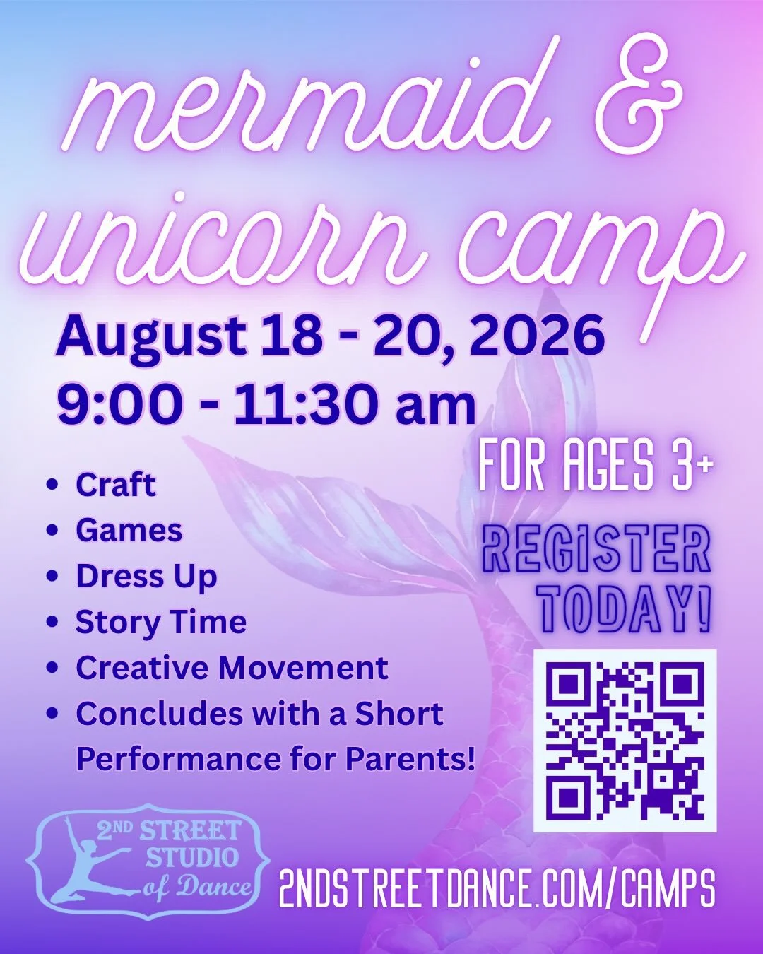Have you signed up for summer camps yet? So many fun theme options like Mermaid and Unicorn Camp 🧜🏼&zwj;♀️🦄Save your spot now! Full list of camps and registration available here: https://www.2ndstreetdance.com/camps

#2ndstreetdance #summercamps #
