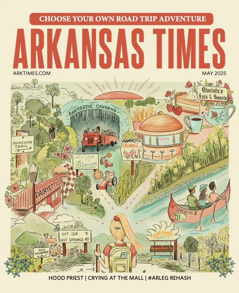 Illustrated cover page of a travel magazine titled "Arkansas Times" with the tagline "Choose Your Own Road Trip Adventure." It features a scenic cartoon landscape with various attractions including a cave, a trail, a dairy farm, and a hot springs loc