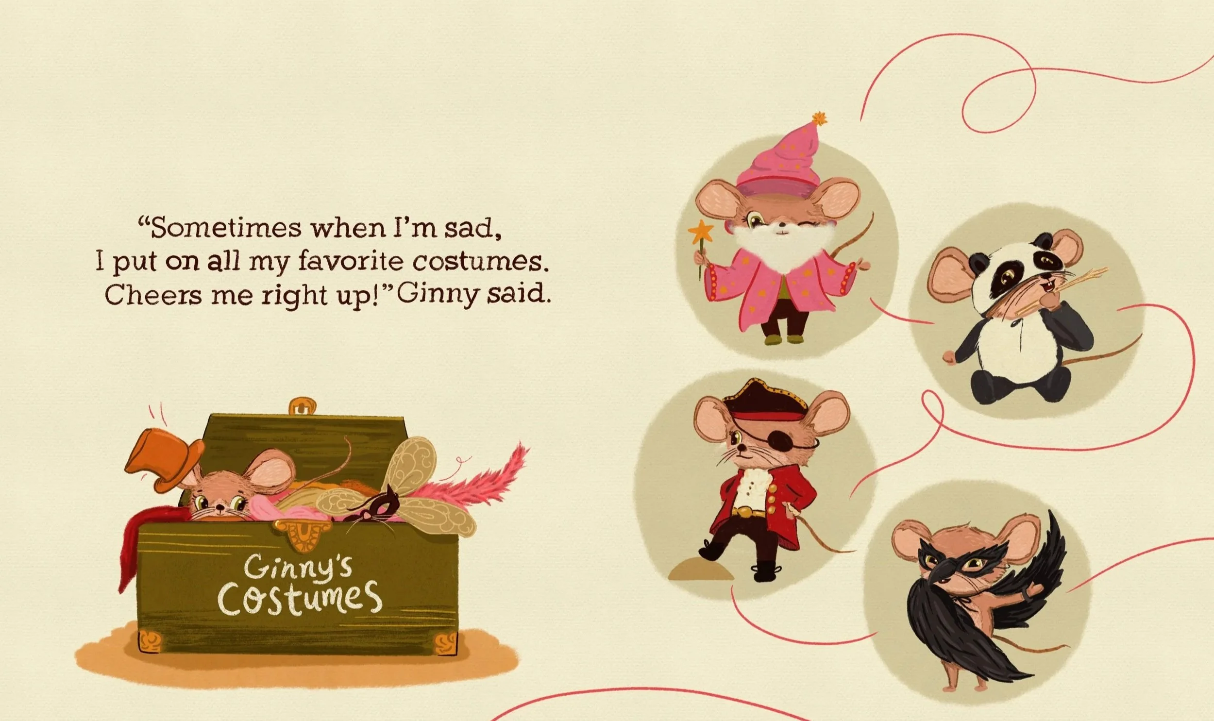 Illustration of mice dressed as characters from costumes, with a sign reading 'Ginny's Costumes,' and a quote about dressing up.