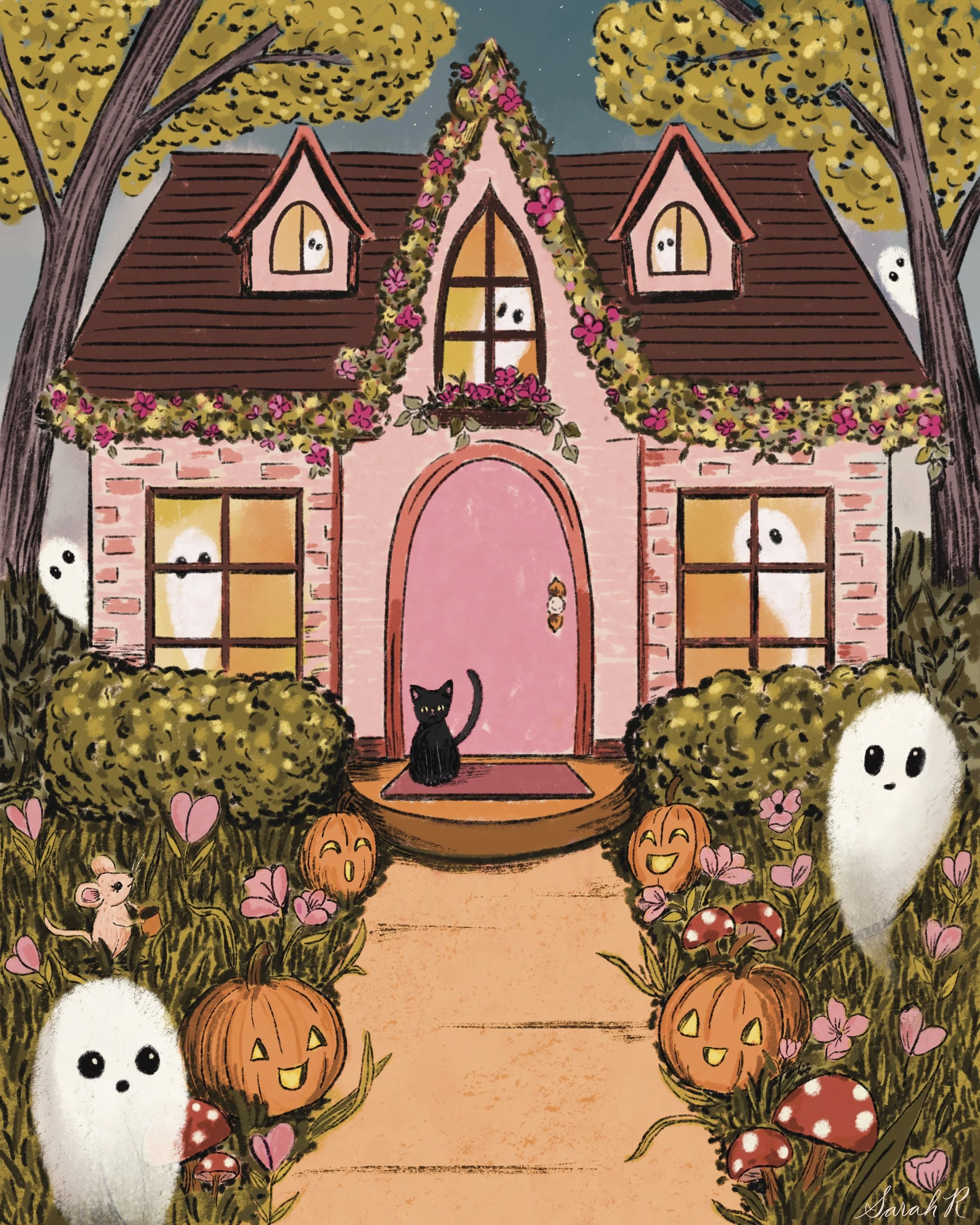 A whimsical illustration of a pink house decorated for Halloween with jack-o'-lanterns, pumpkins, and cute ghosts. The house is surrounded by flowers, bushes, and trees, with a pathway leading to the door and a black cat sitting in front. Ghosts peek