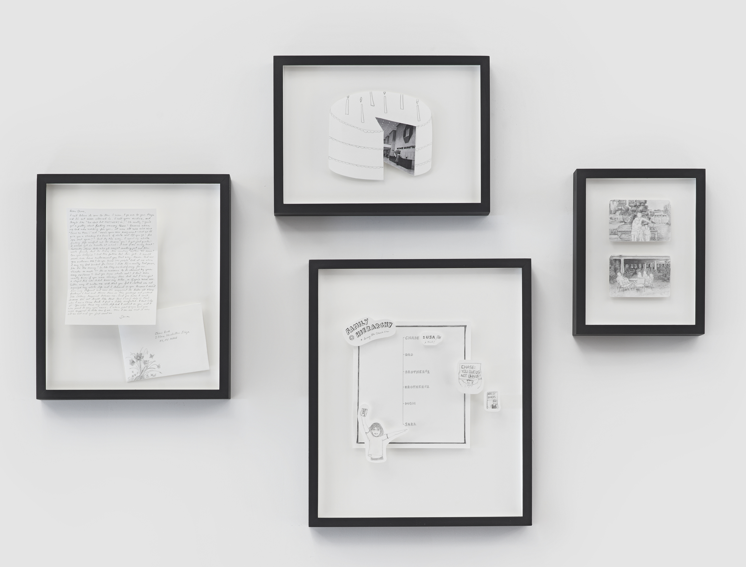 Wall drawings: Southeast Asia Expats I and II. Shaoul Family Hierarchy, Breakup Letter, Birthday Cake
