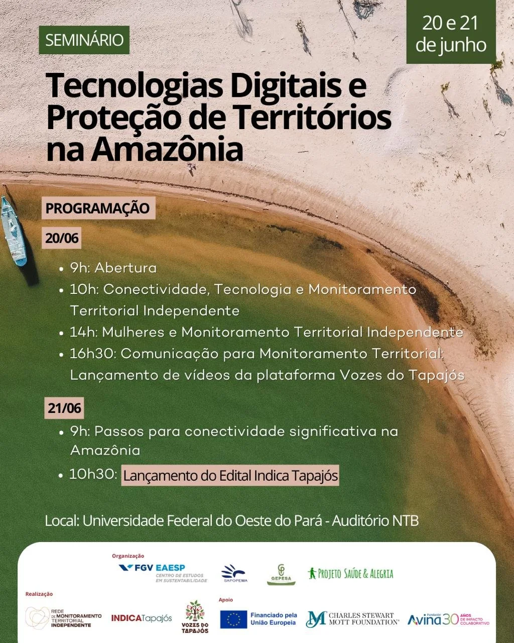 Seminário sobre Tecnologias Digitais na Amazônia lançará edital de apoio para proteção de territórios do Tapajós