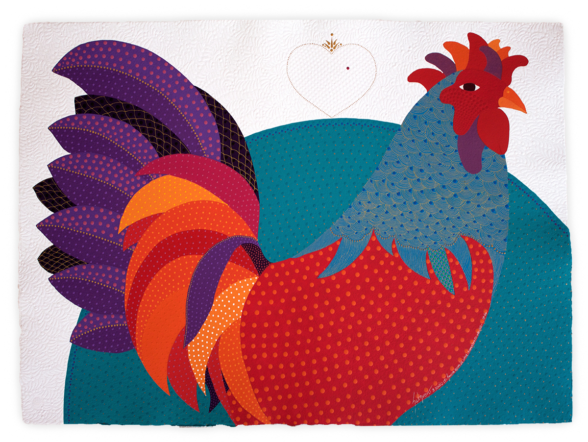   Rooster With A White Heart ,&nbsp;2015 Acrylic on handmade cotton paper 27 x 39 inches 