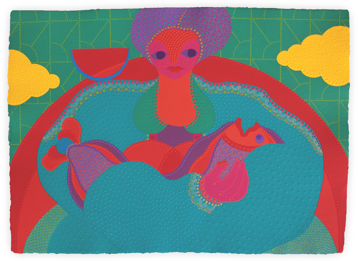   Pampering the Fish , 2014 Acrylic on handmade cotton paper 27 x 39 inches 