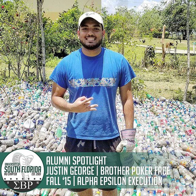 The Mu Mecca Chapter would like to recognize one of our newest alumni, Mr. Justin George (Brother Poker Face). Following his graduation, Justin went on a community service trip to the Dominican Republic! He promoted sustainability by engaging in a local initiative to build a school community center out of over 7,000 plastic bottles! #ΣΒΡ #MuMecca #Service