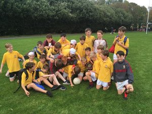 Scoil Assaim senior football team enjoying a celebratory moment after the Scoil Assaim Gaelic tournament organised by Scoil Assaim for local schools