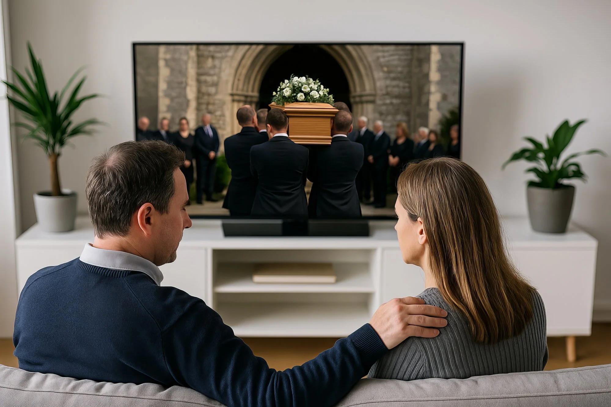A couple sitting on a sofa watching a funeral on TV, with one person comforting the other. The TV shows pallbearers carrying a coffin, with mourners in the background.