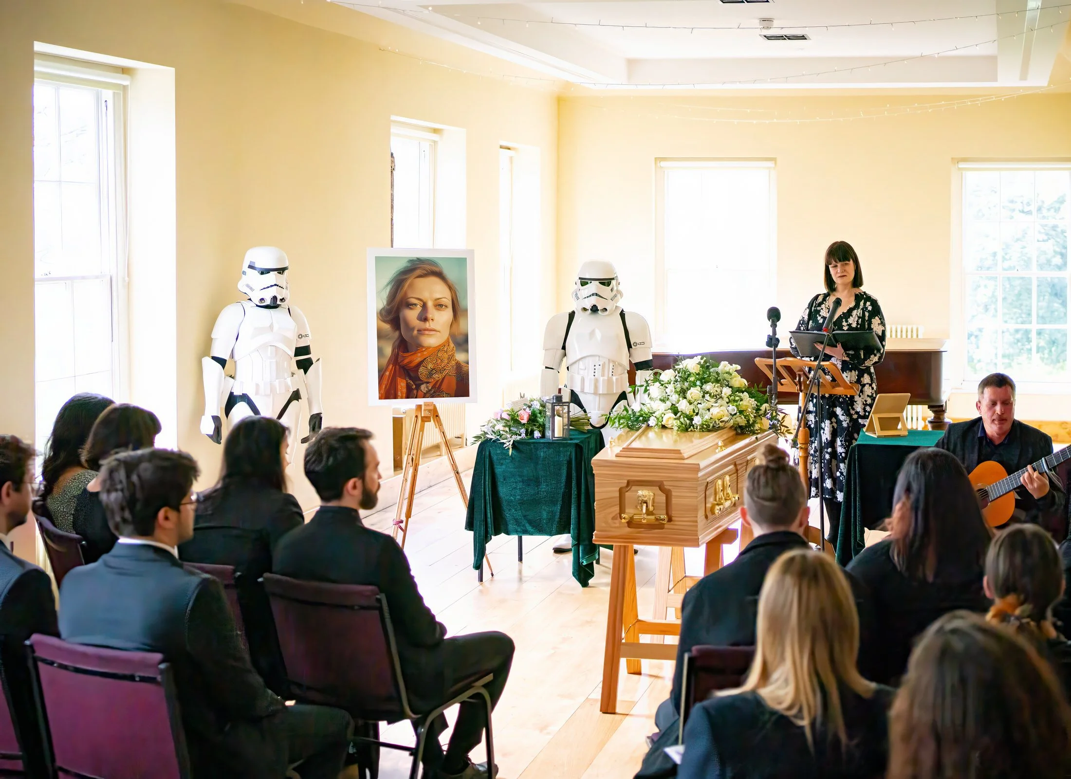 Celebration of life with Star Wars stormtroopers beside the coffin, filmed and photographed by UK Funeral Video Services