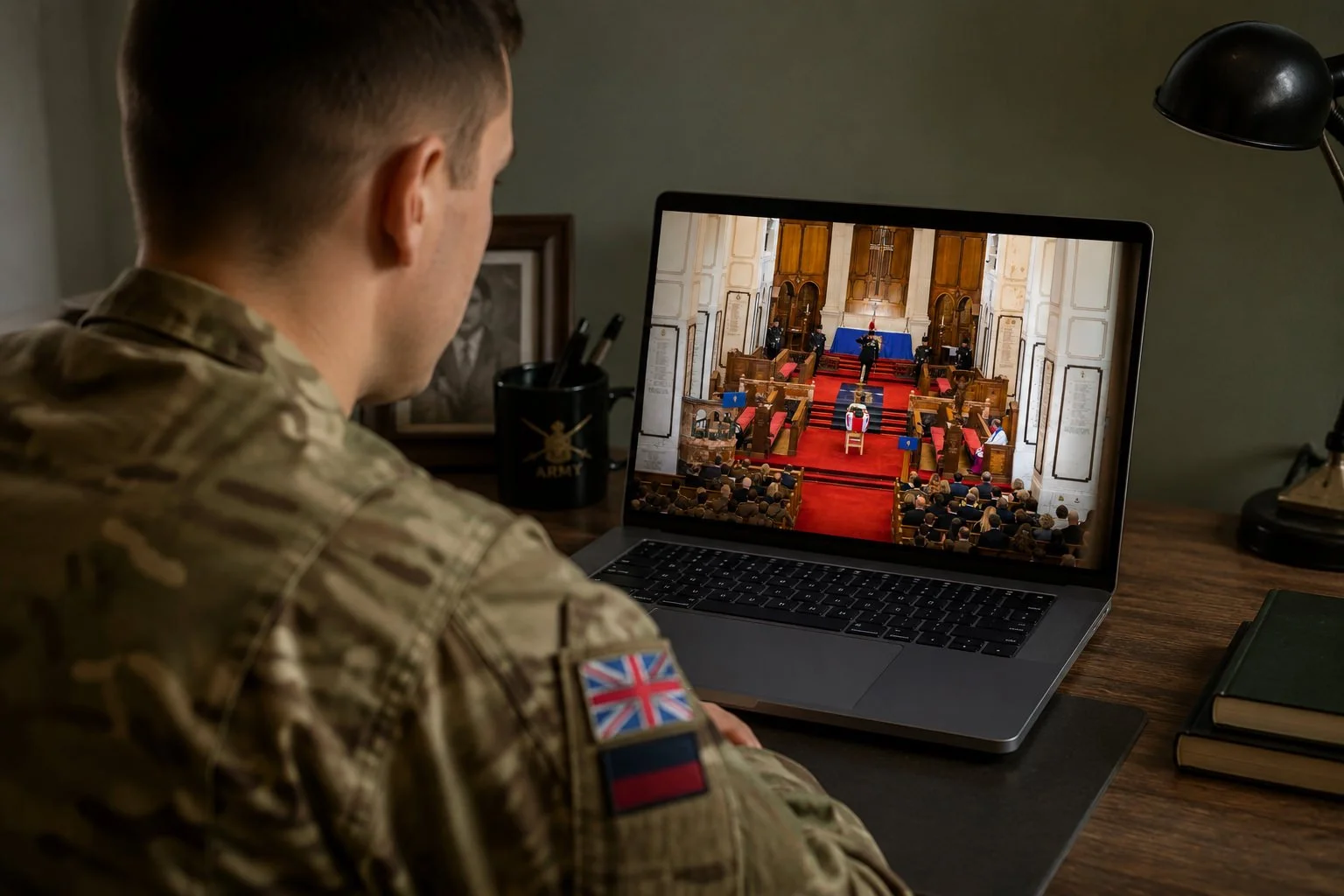 A fellow soldier watching the live stream of a military funeral on a laptop, following the service from a remote location.