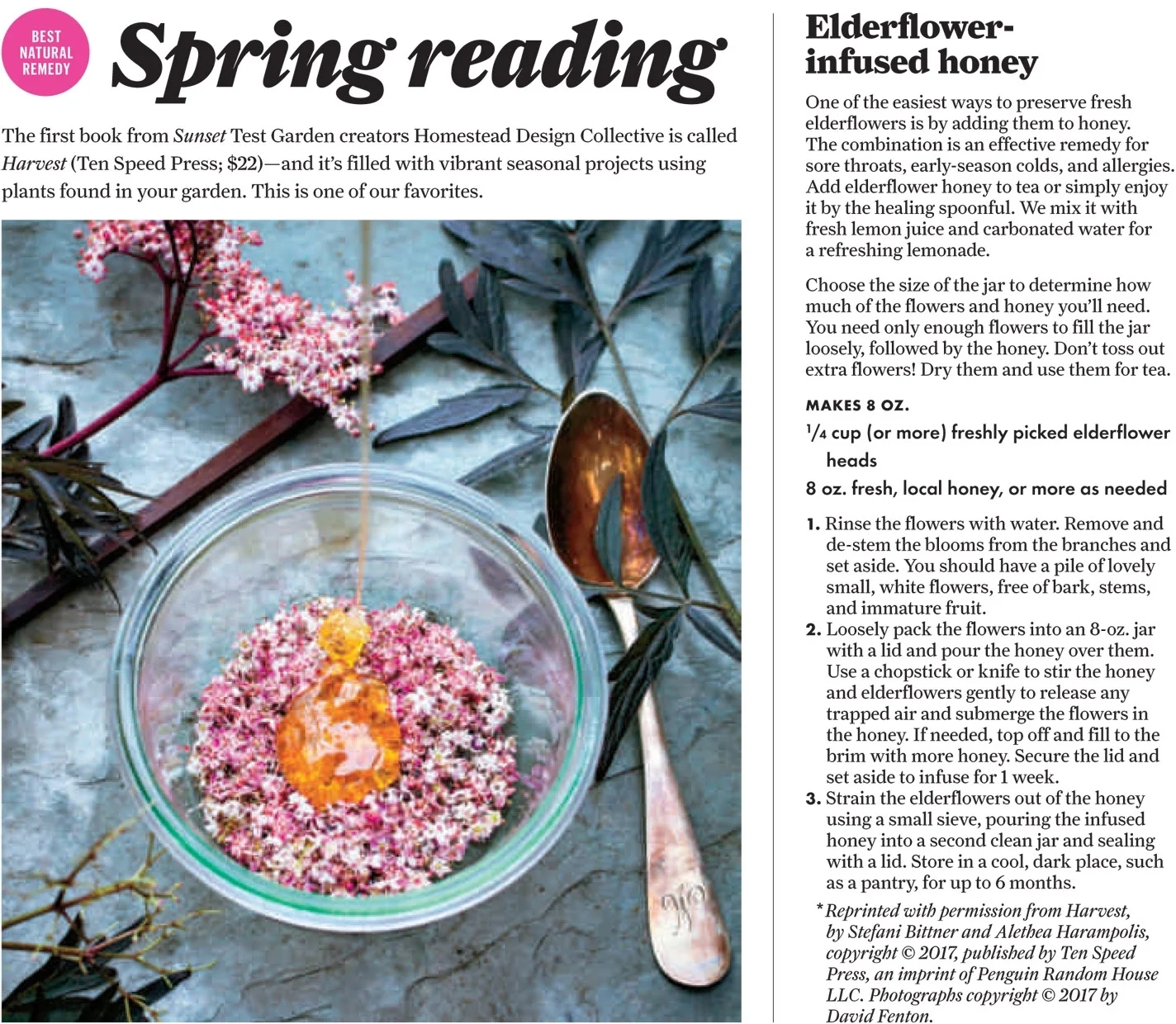 Sunset Magazine highlights a recipe for Elderflower-infused honey from Alethea and Stefani's "Harvest," out this February