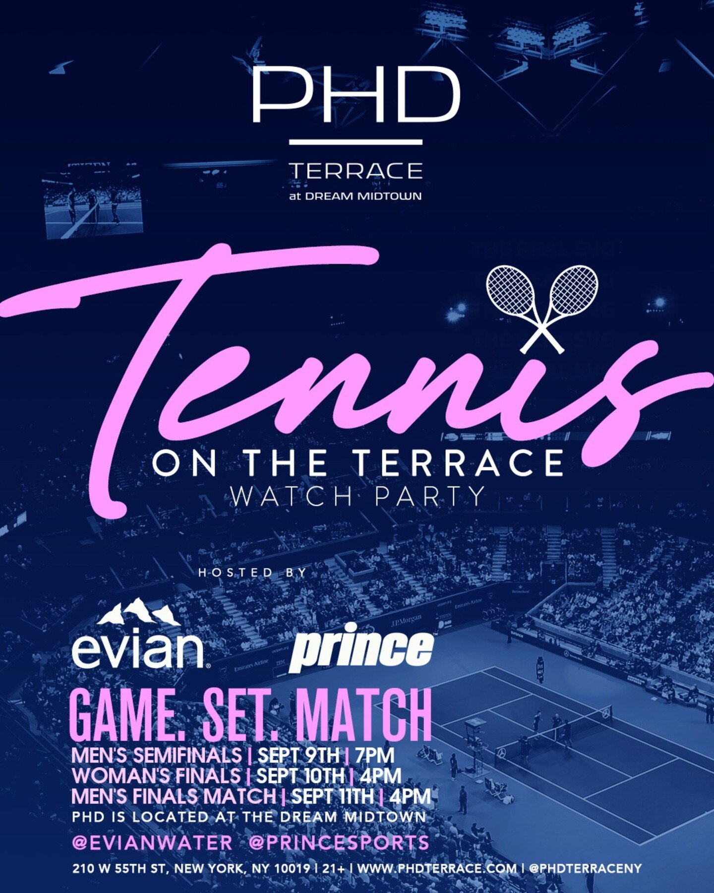 We&rsquo;re teaming up with @evianwater and @phdterraceny to host a special &ldquo;Tennis on the Terrace&rdquo; watch party for the Tennis Championships this weekend. Join us from September 9th &ndash; 11th at PHD Terrace at the Dream Midtown hotel i