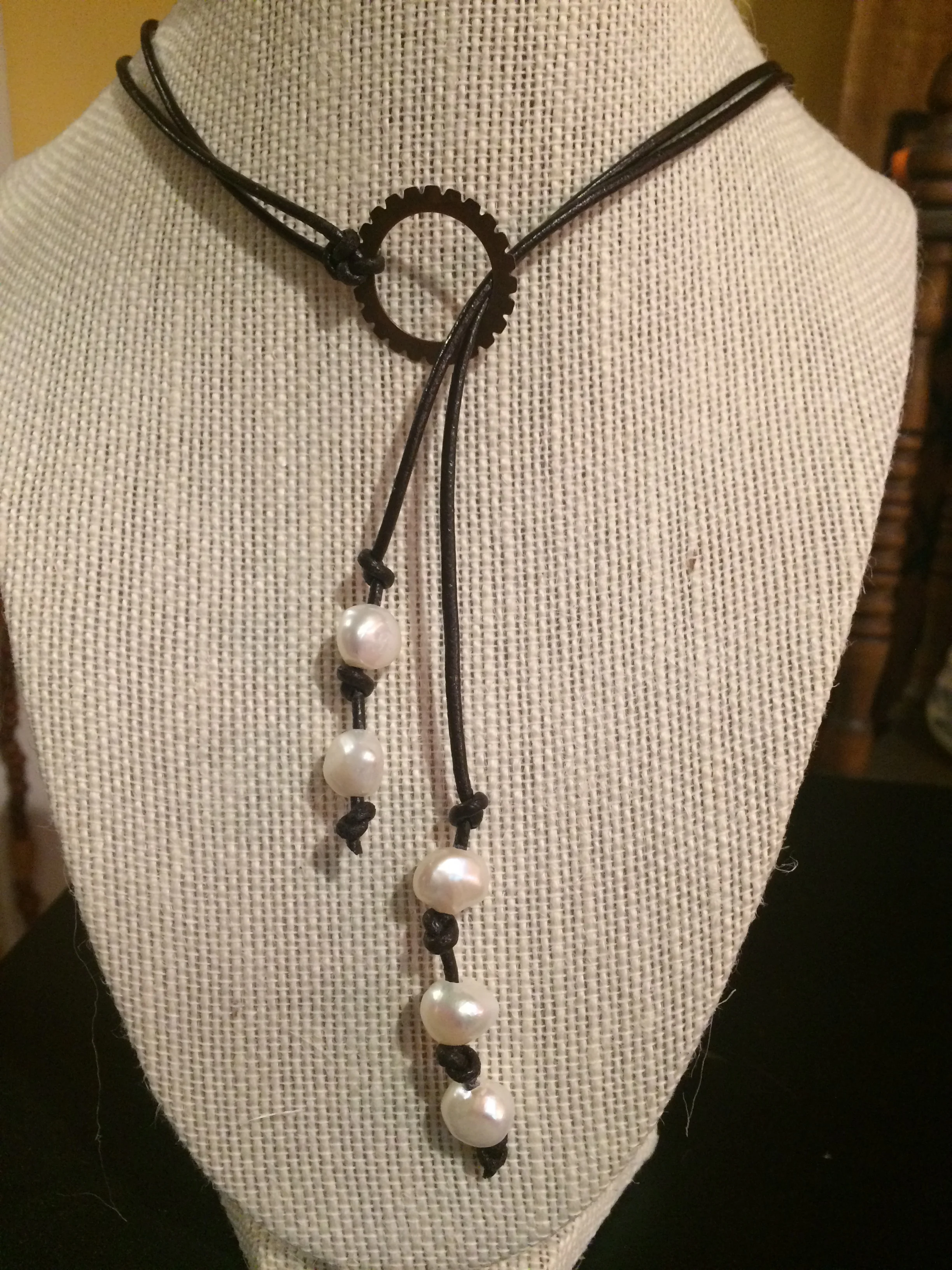 Resined-Leather Necklace with White Freshwater Pearls & Bronze Gear Loop: #27