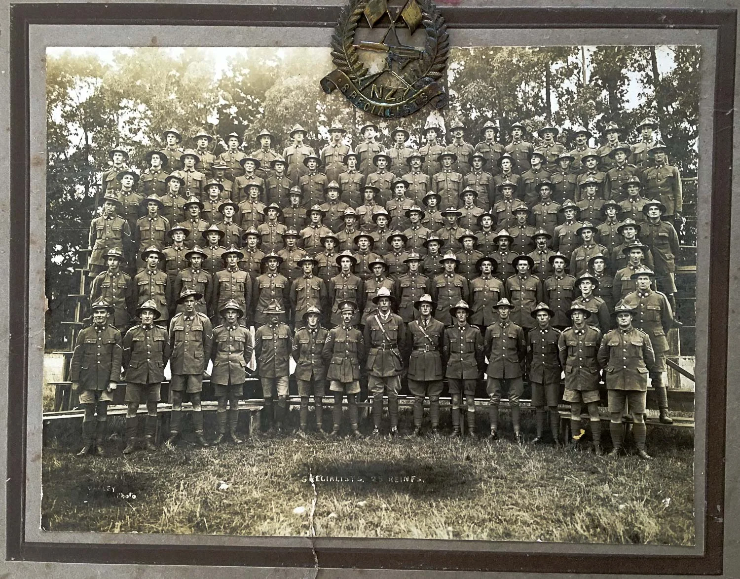 NZ Specialists, 25th Reinforcements, NZ Expeditionary Forces. Featherston Military Camp, NZ. March 1917. Arthur Gordon Taylor, second row from top, fifth in from the left.